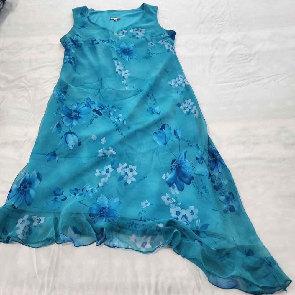 Believe...Womens Chiffon Teal Floral Ruffle Asymmetrical Hem Dress Sz 12